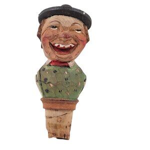 Vintage Hand Carved Wooden Bottle Stopper Smiling Man Hat Rustic Barware